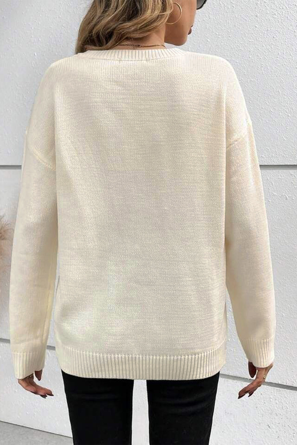 Knitted Pattern Ribbed Edge Drop Shoulder Sweater