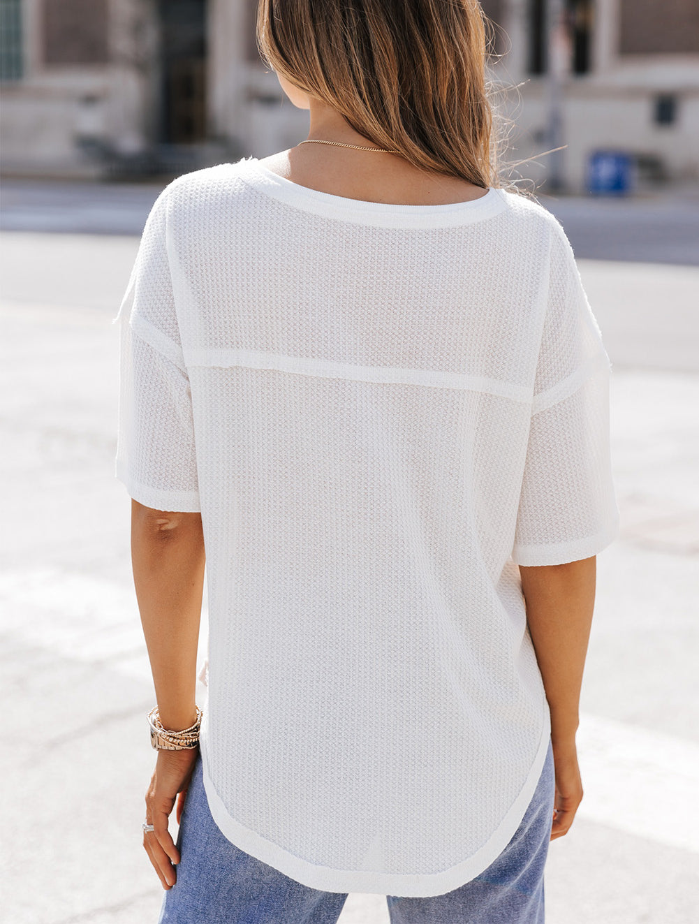 Waffle Knit Drop Shoulder Loose Top