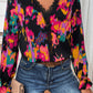 Abstract Printed Flounce Sleeve Lace V-Neck Blouse