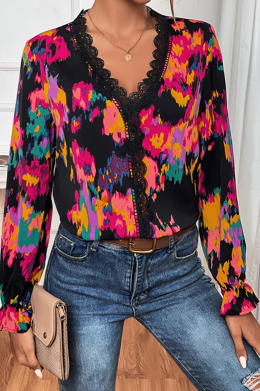 Abstract Printed Flounce Sleeve Lace V-Neck Blouse