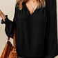 Pleated V Neck Puffy Sleeve Blouse