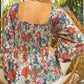 Floral Print Smocked Puff Sleeve Peplum Blouse