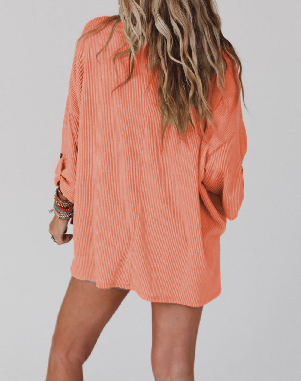 Ribbed Roll-tab Sleeve Chest Pocket Oversize Top