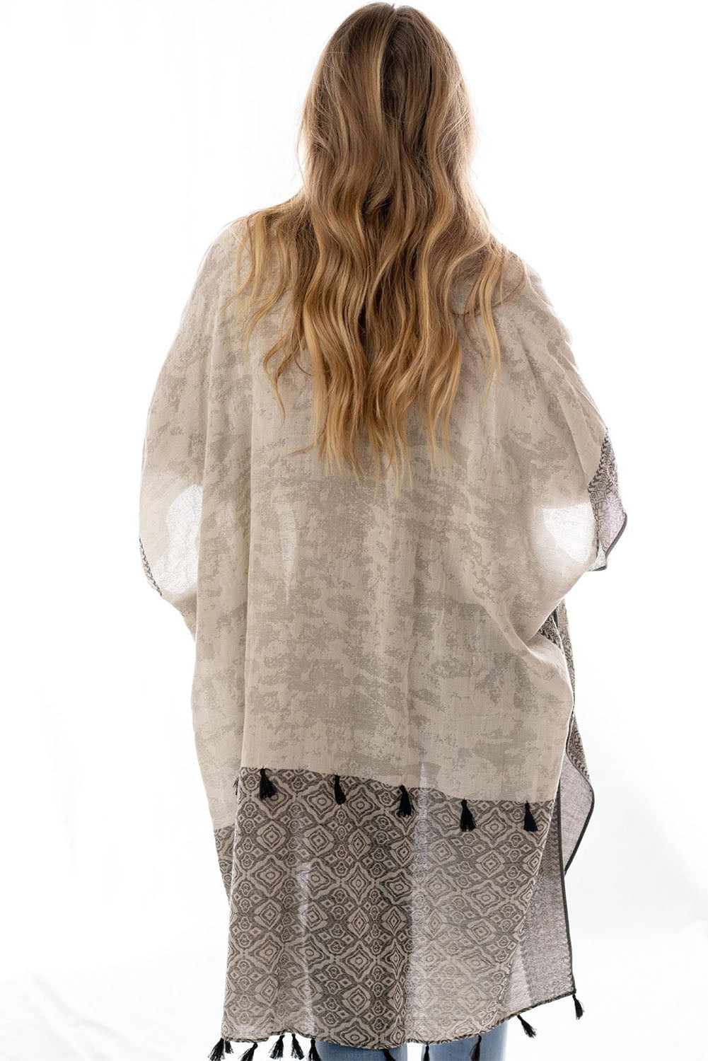 Khaki Printed Border Tassel Trim Slit Kimono