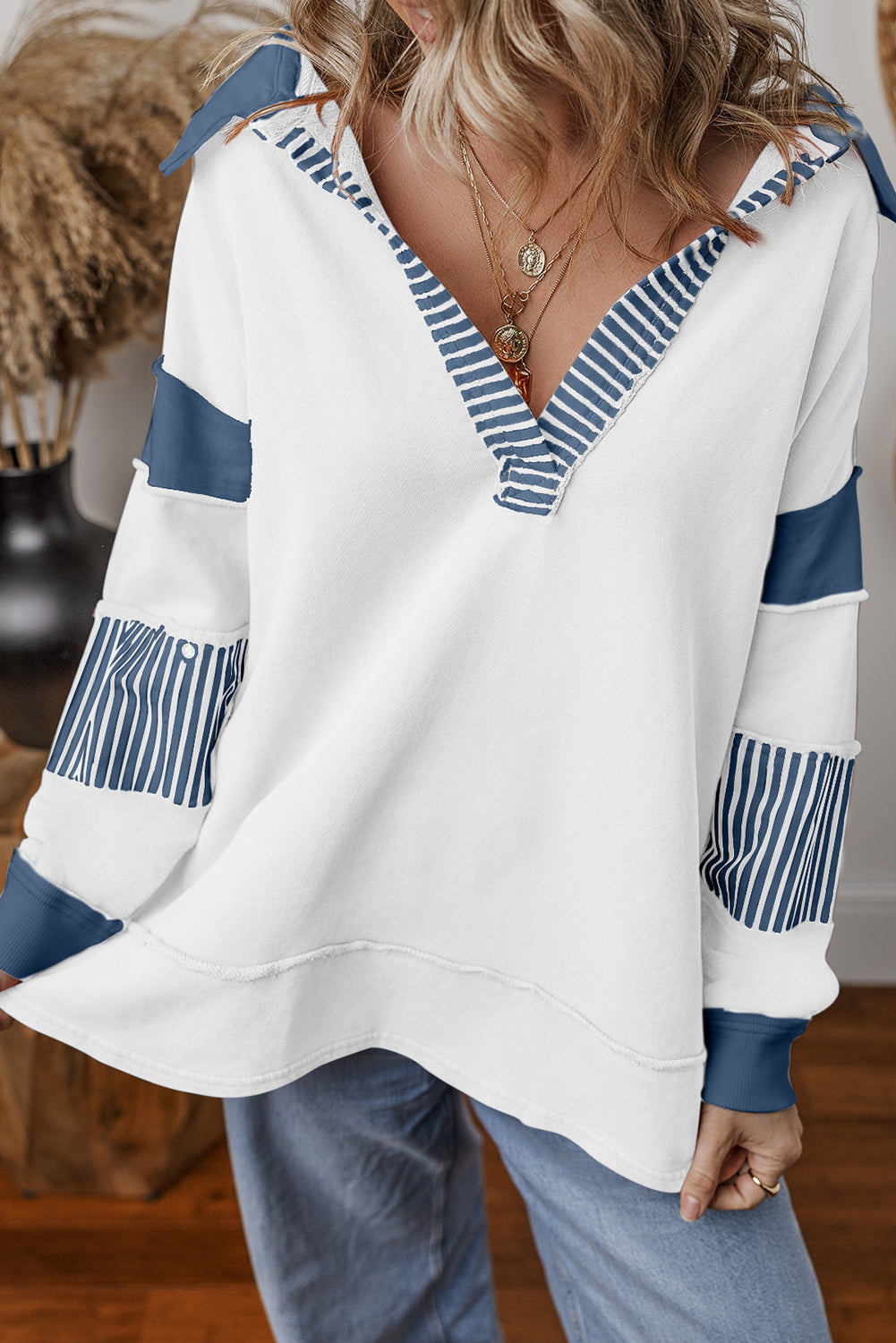 Striped Colorblock Patchwork Collar Sweatshirt