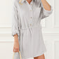 Rolled-Up Sleeve Buttoned Drawstring Textured Dress