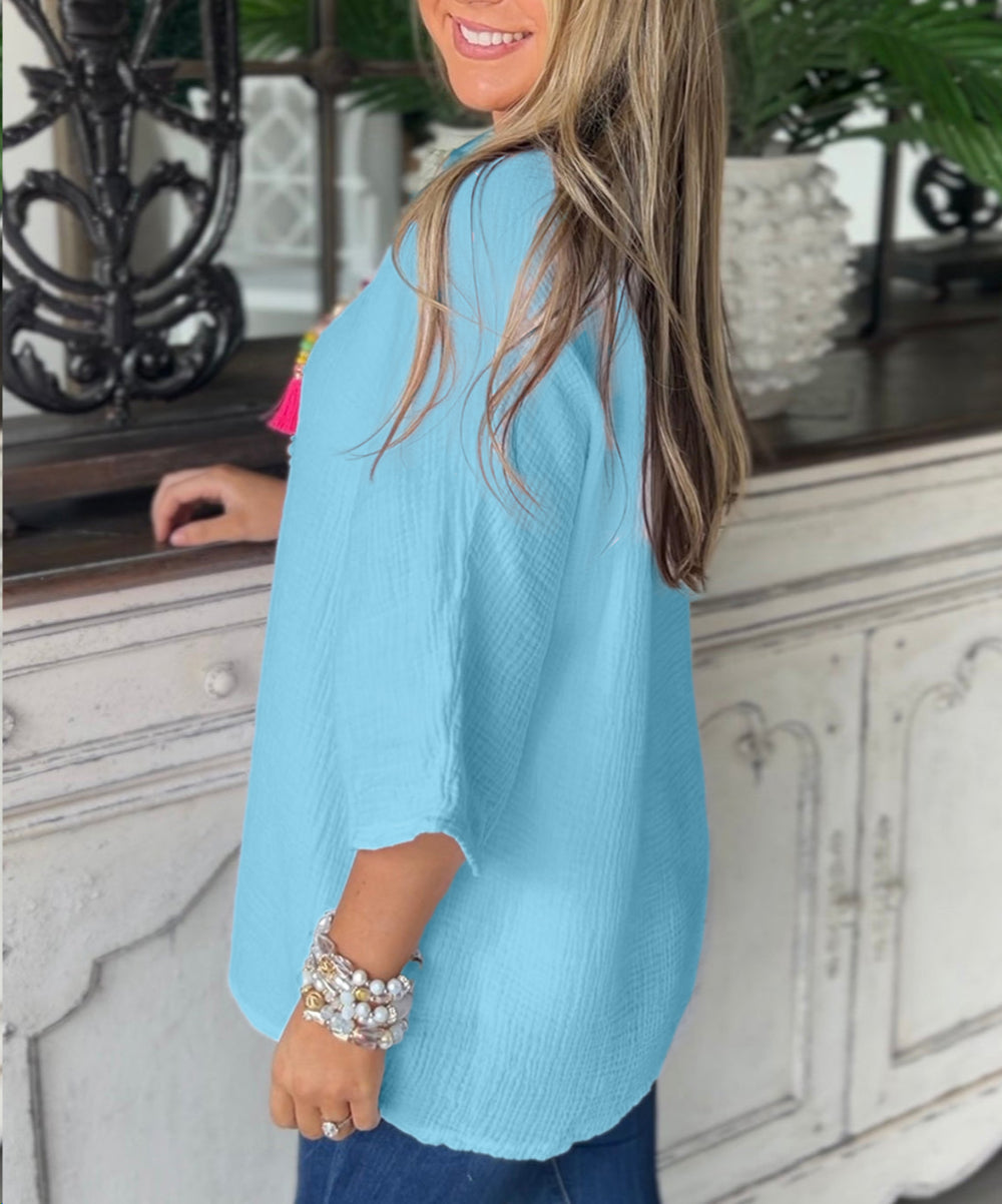 Crinkled Bracelet Sleeve Flowy Blouse