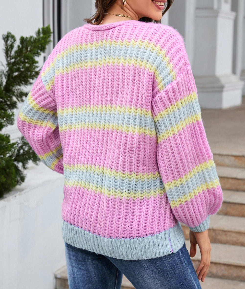 Contrast Striped Open Front Cable Cardigan