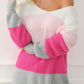 Striped Color Block Fuzzy V Neck Sweater