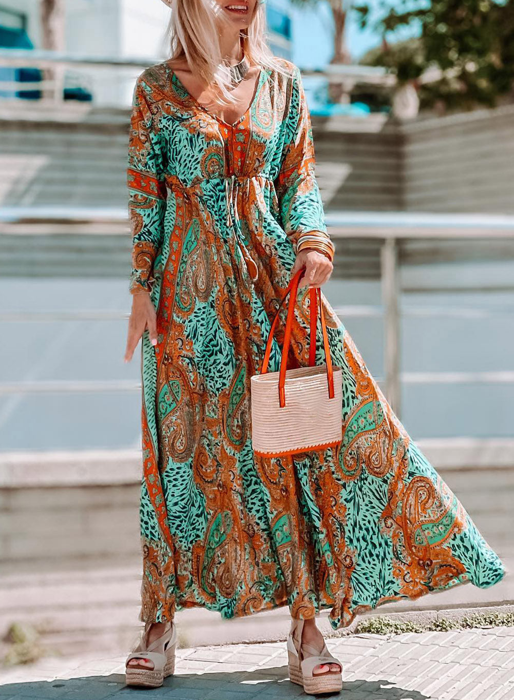 Boho Paisley Mix Print Long Sleeve V-Neck Tie Maxi Dress