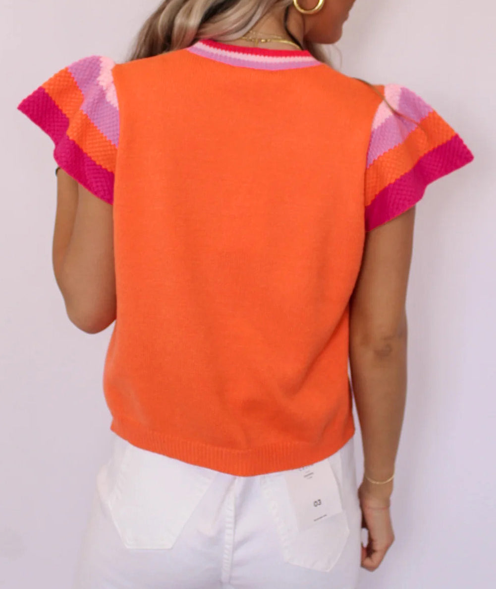 Contrast Flutter Sleeves Knitted Sweater T Shirt