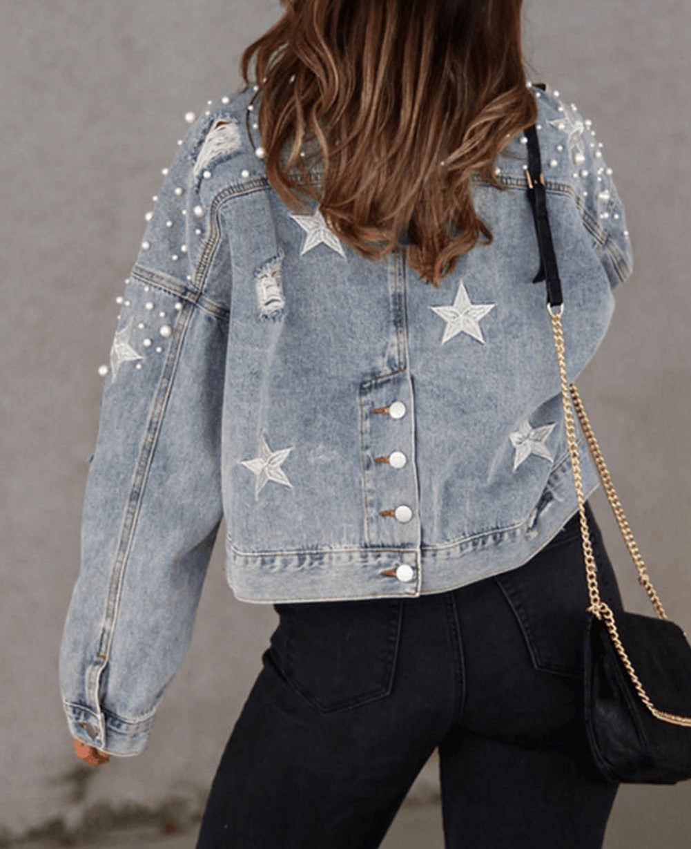 Distressed Pearls Star Cropped Denim Jacket