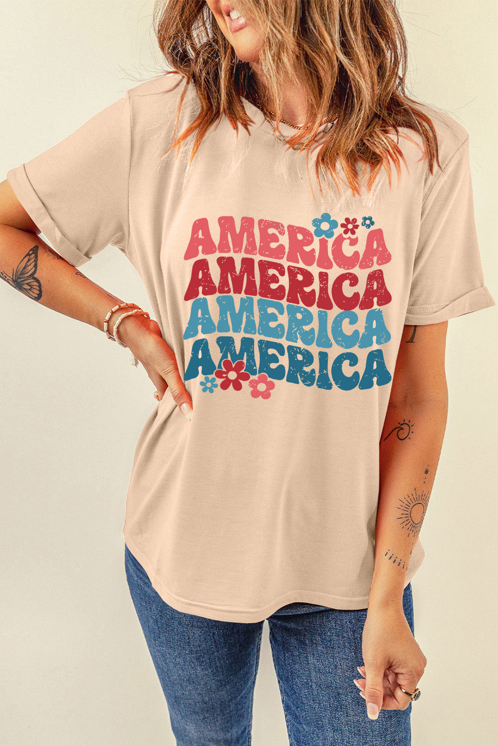 AMERICA Letter Floral Print T Shirt