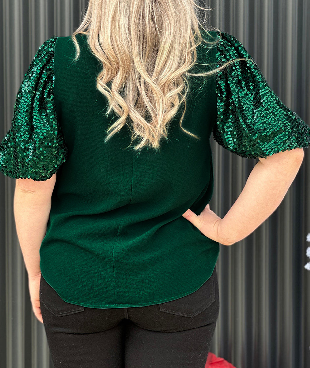 Plus Size Sequin Short Puff Sleeve Top