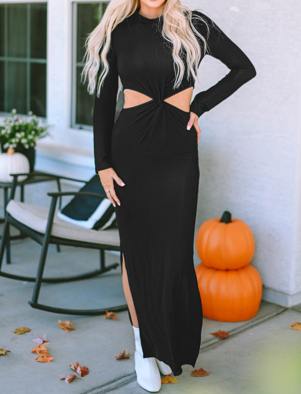 Ribbed Twist Cutout Long Sleeve Dress