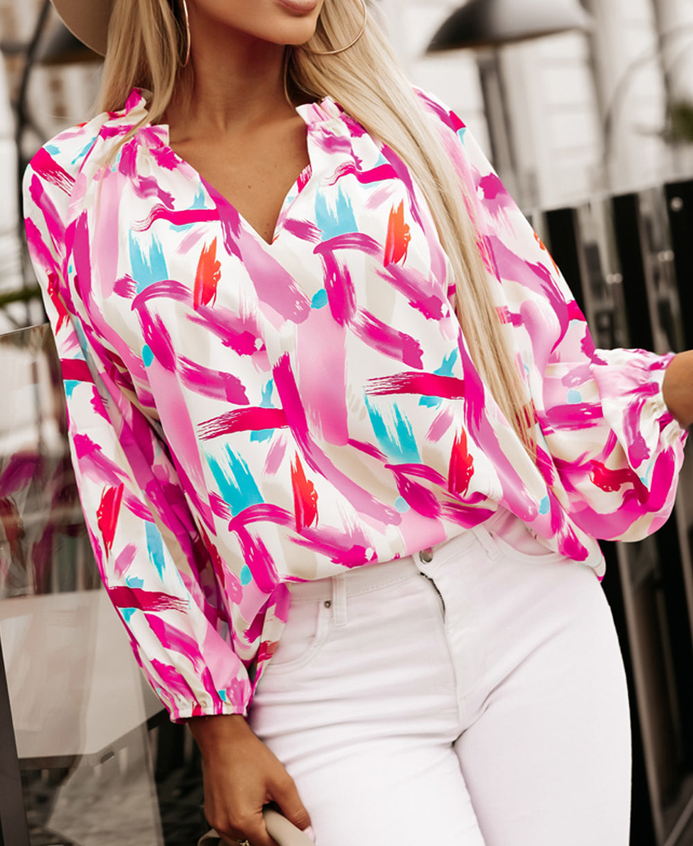 Pink Abstract Brush Print Loose Fit Blouse