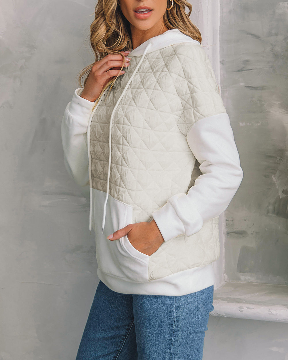 Drop Shoulder Quilted Patchwork Kangaroo Pocket Hoodie