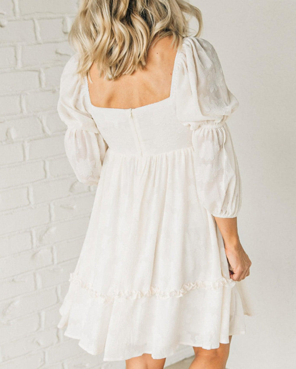 Jacquard Square Neck Bubble Sleeve Dress