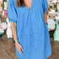 Solid Color Pleated Puff Short Sleeve Shift Dress