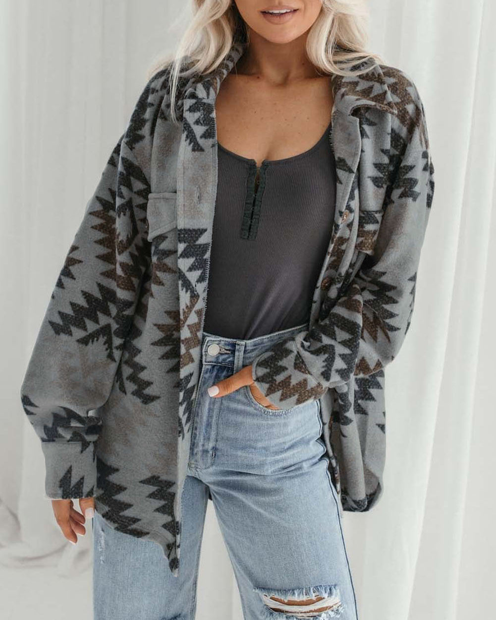 Western Aztec Print Drop Shoulder Casual Shacket