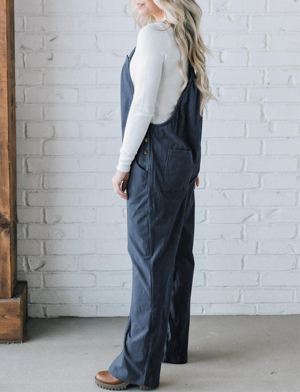 Solid Pocketed Loose Fit Corduroy Overall