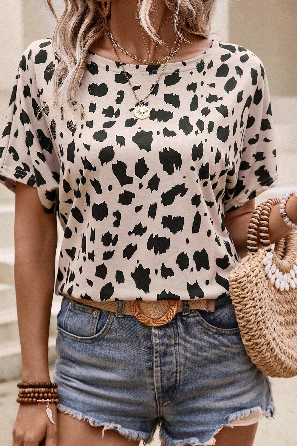 Leopard Batwing Sleeve Twist Cutout Back T-Shirt