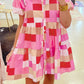 Plaid Print Puff Sleeve Buttoned Tiered Dress