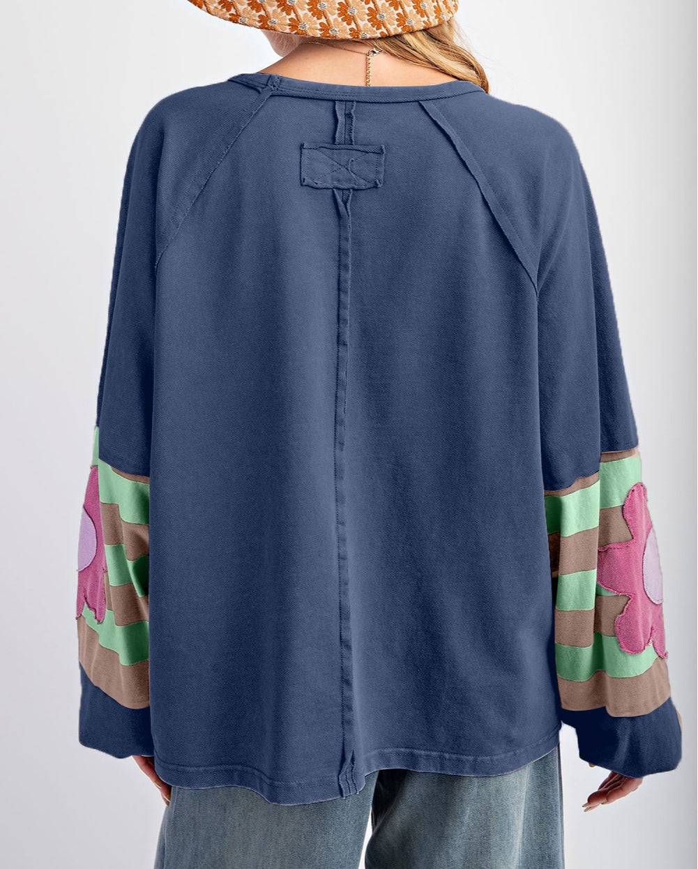 Flower Patchwork Raglan Sleeve Exposed Seam Oversized Top