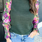 Ribbed Frill Neck Floral Print Long Sleeve Top