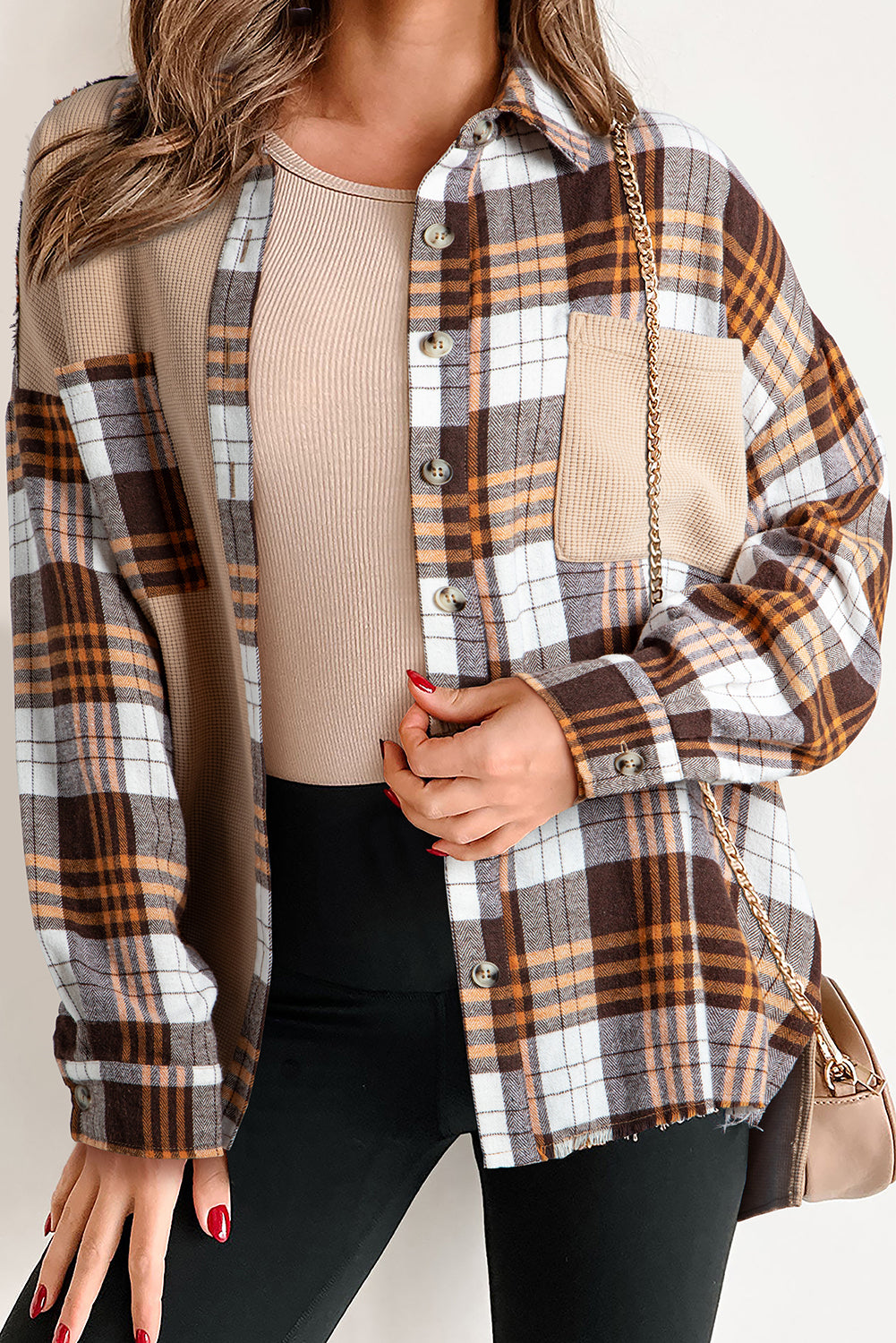 Thermal Knit Plaid Patchwork Shacket