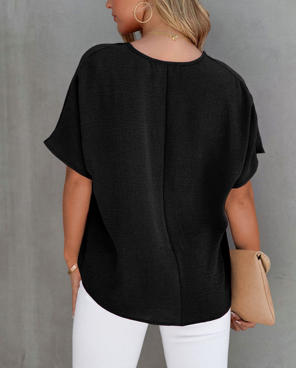 Solid V Neck Short Sleeve Blouse