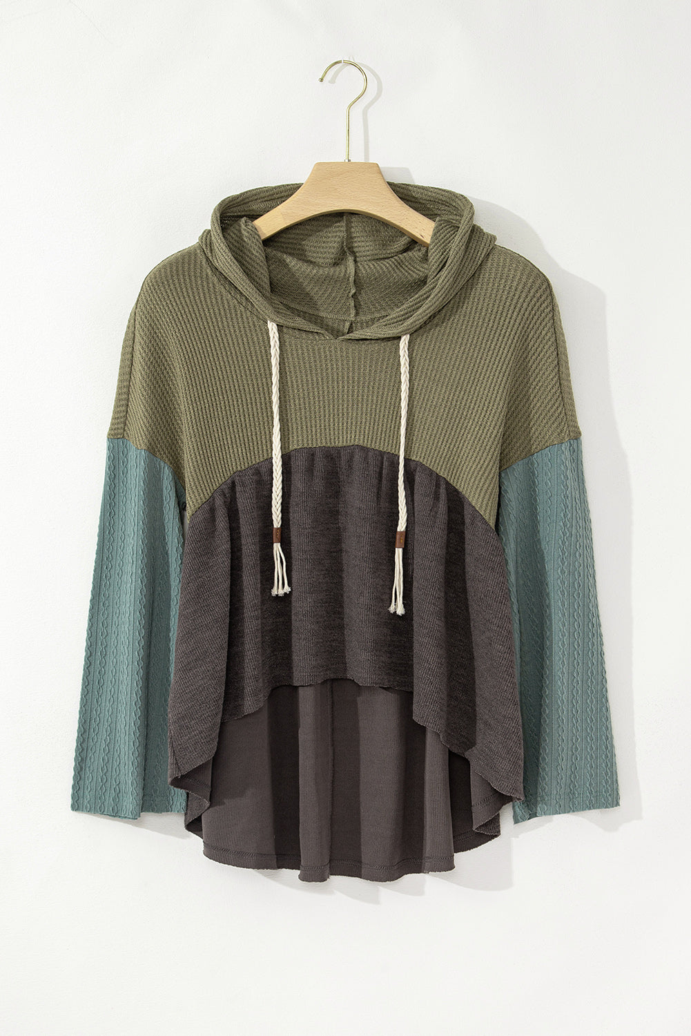 Wide Sleeve Frayed High Low Hooded Top