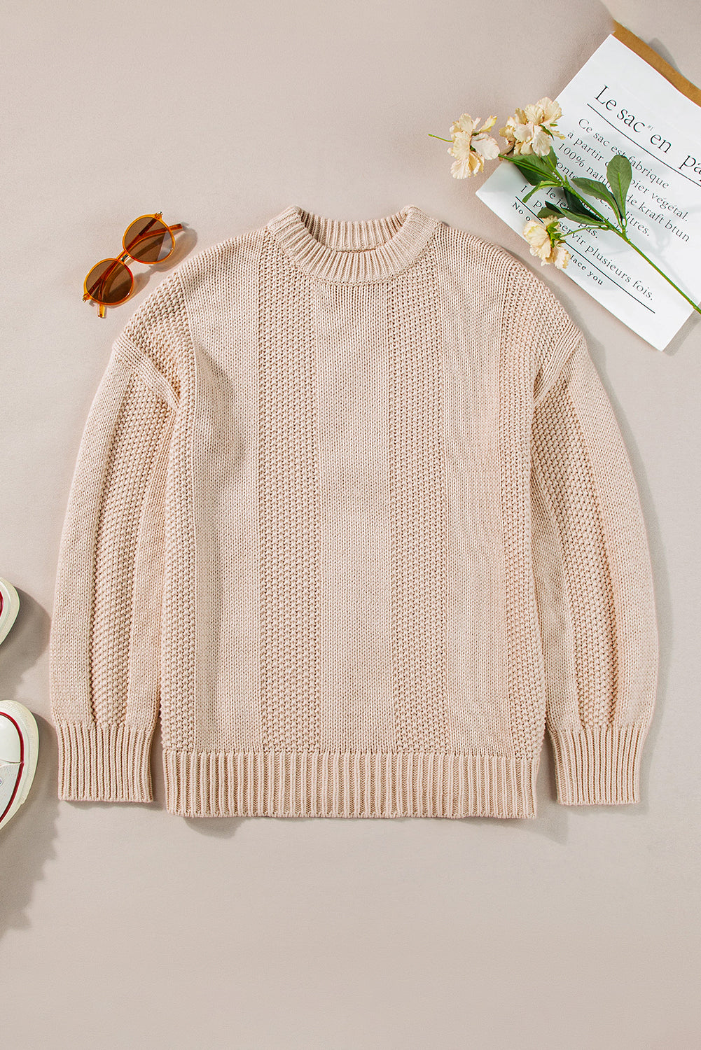 Solid Color Cable Knit Ribbed Loose Sweater