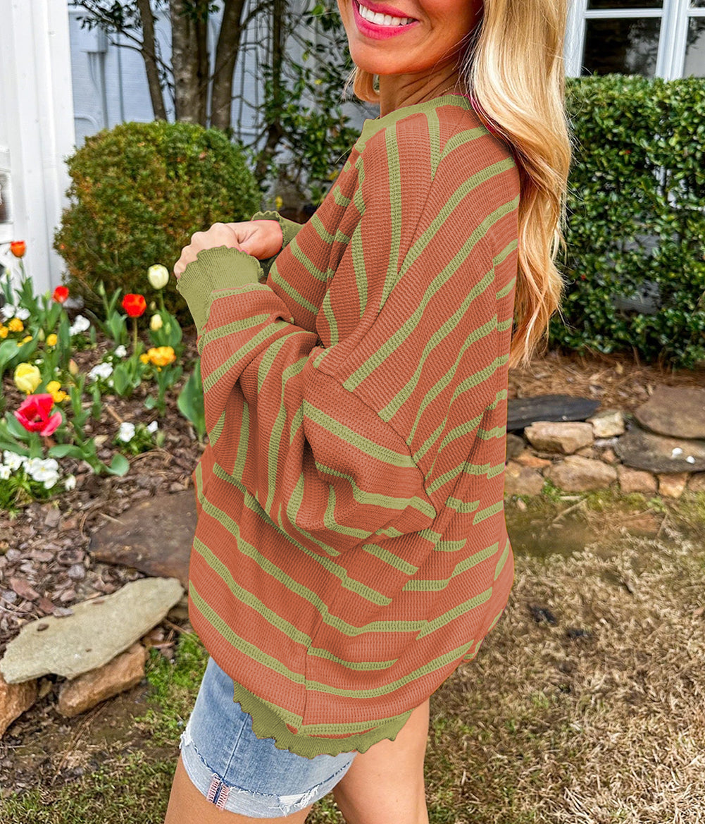 Stripe Trimmed Round Neck Drop Shoulder Loose Sweater