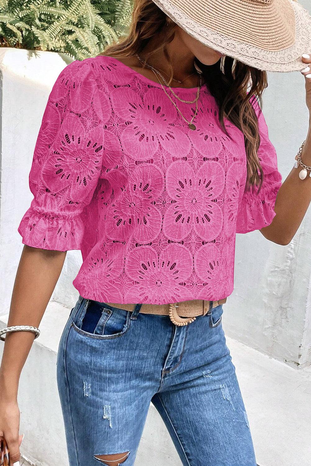 Flower Eyelet Jacquard Keyhole Flounce Sleeve Top