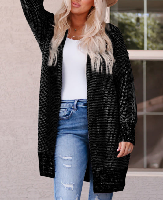 Plaid Knitted Long Open Front Cardigan