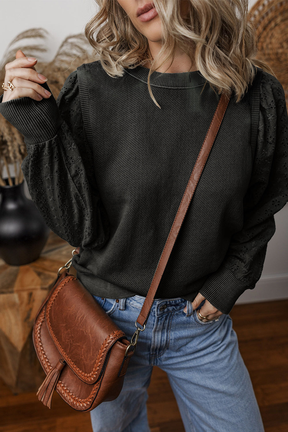 Textured Patchwork Round Neck Sweatshirt