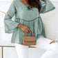 Crinkle Lace Up Round Neck Bell Sleeve Blouse