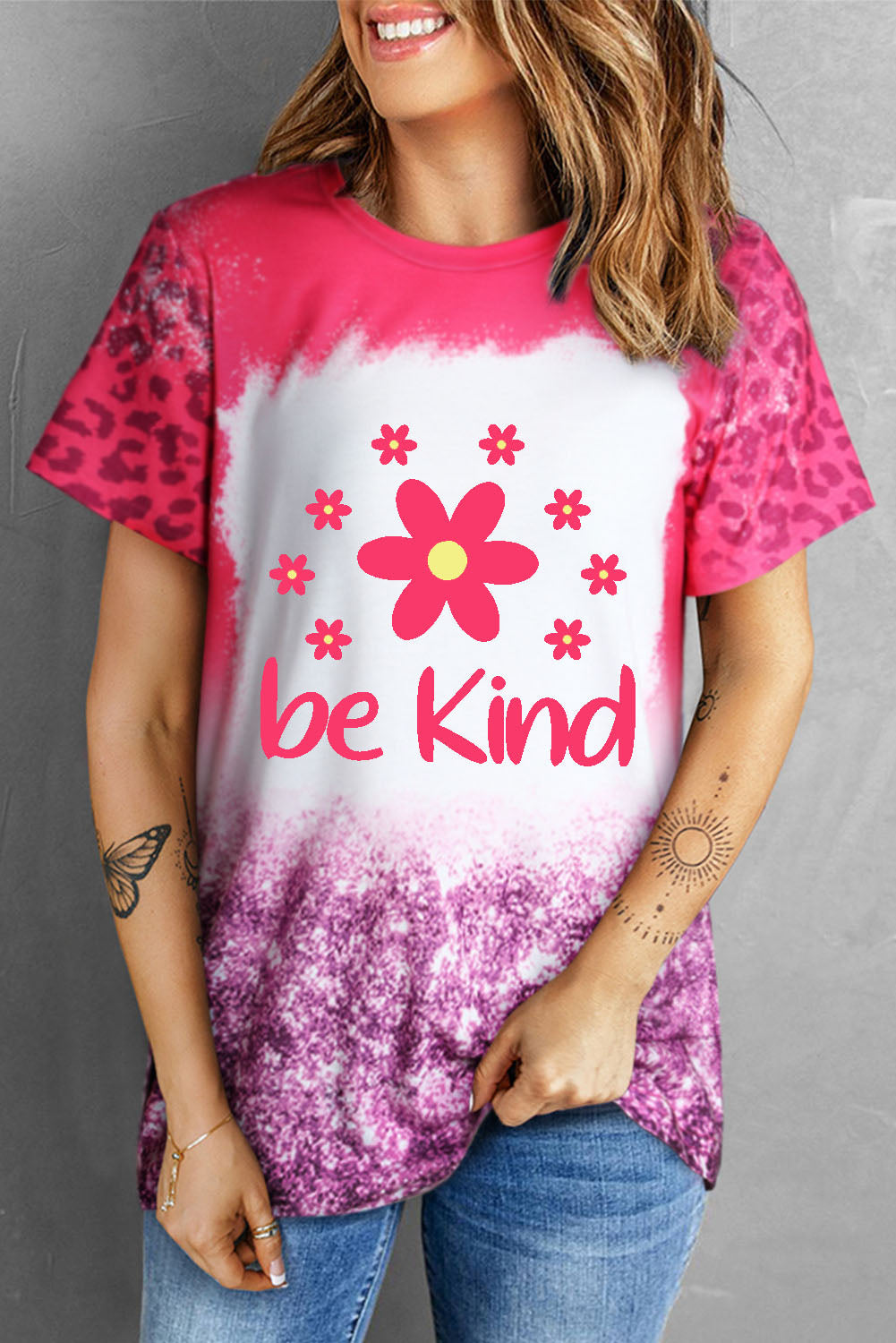 Pink Bleached be kind Flower Print Leopard Short Sleeve T-Shirt