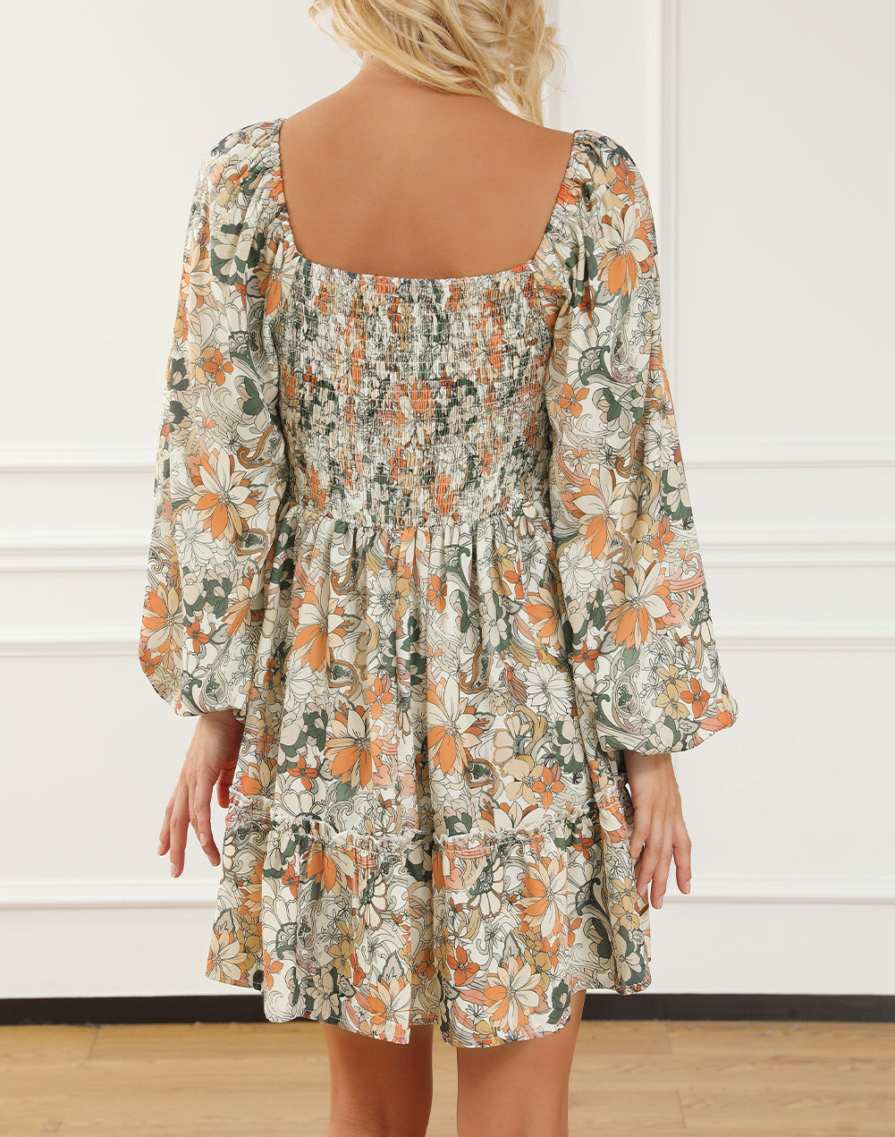 Floral Print Smocked Back Puff Sleeve Mini Dress