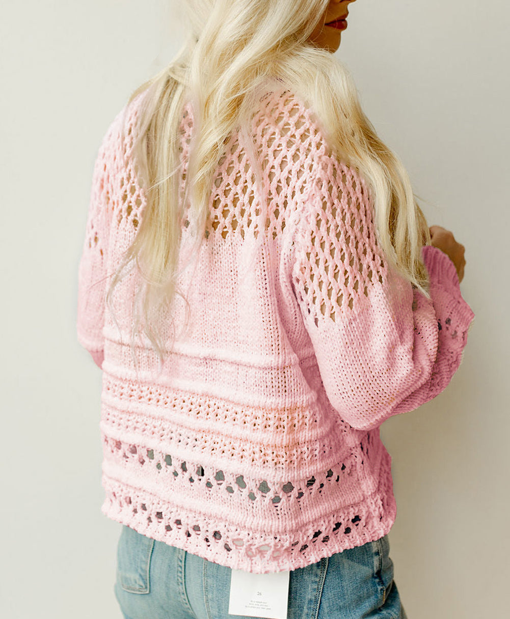 Solid Color Pointelle Knit Puff Sleeve Sweater