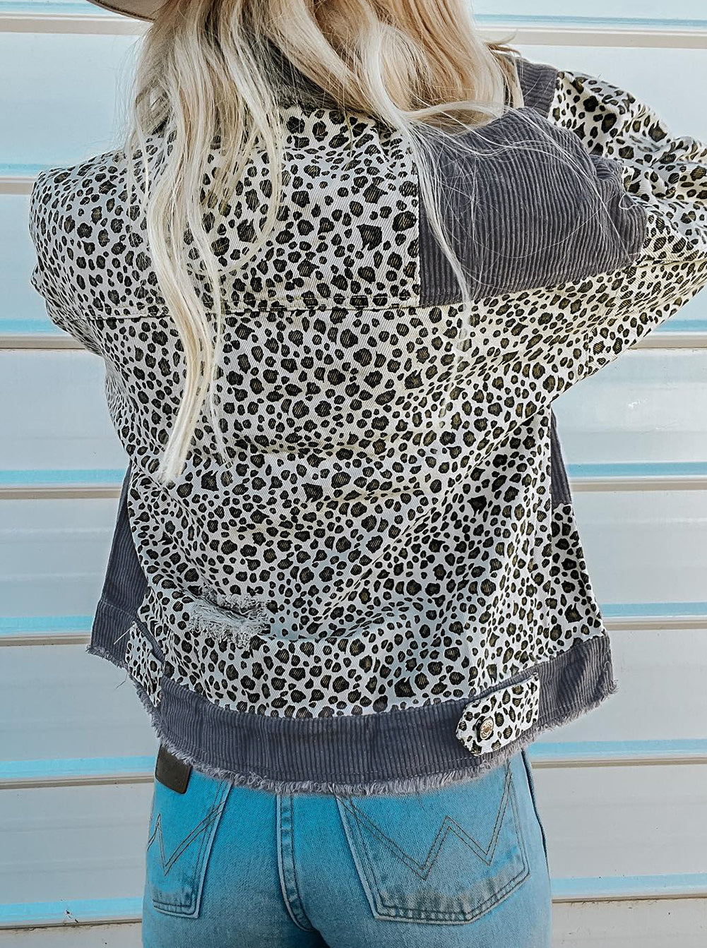 Leopard Patchwork Corduroy Ripped Hem Button up Jacket