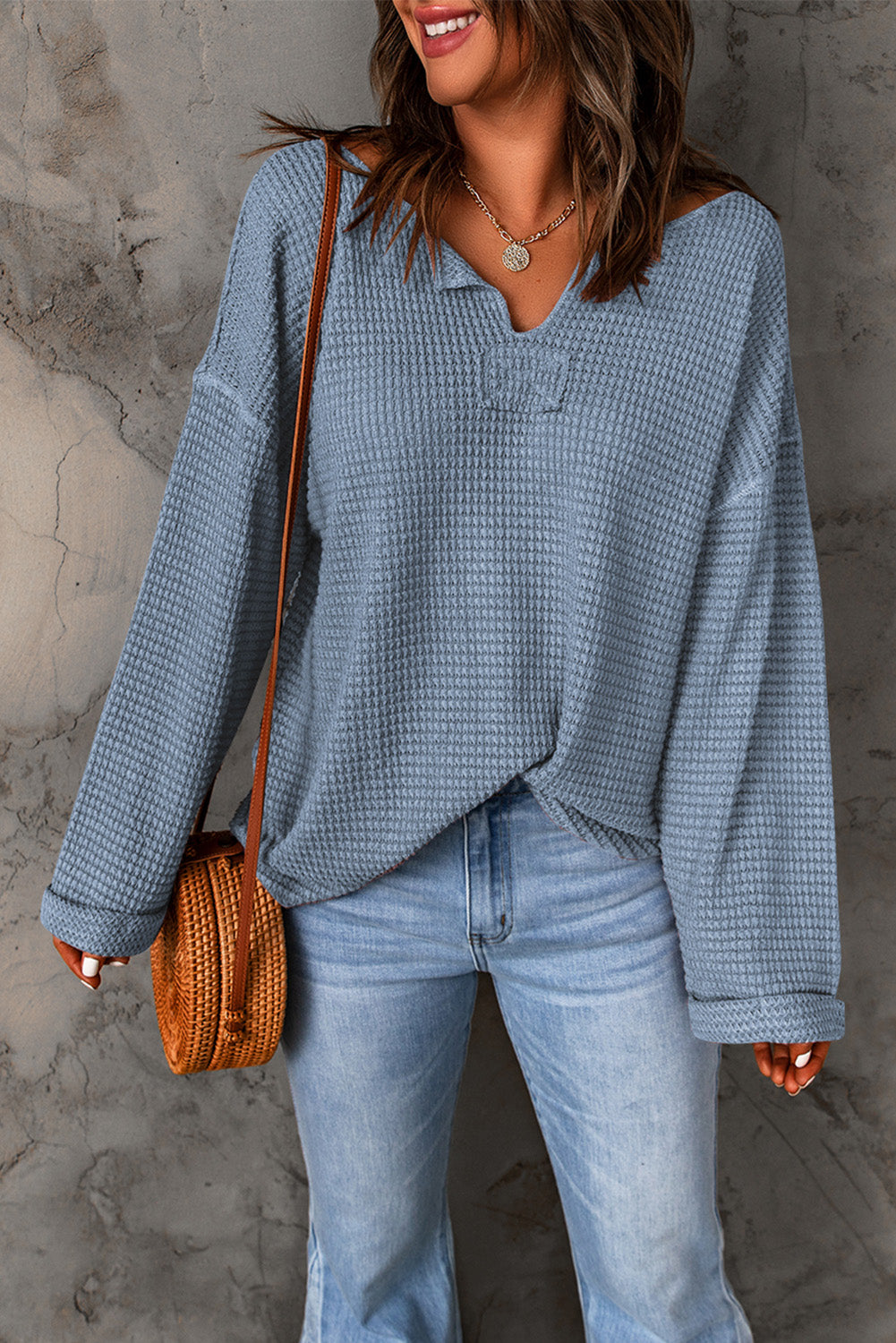 Waffle Knit Loose Long Sleeve Top