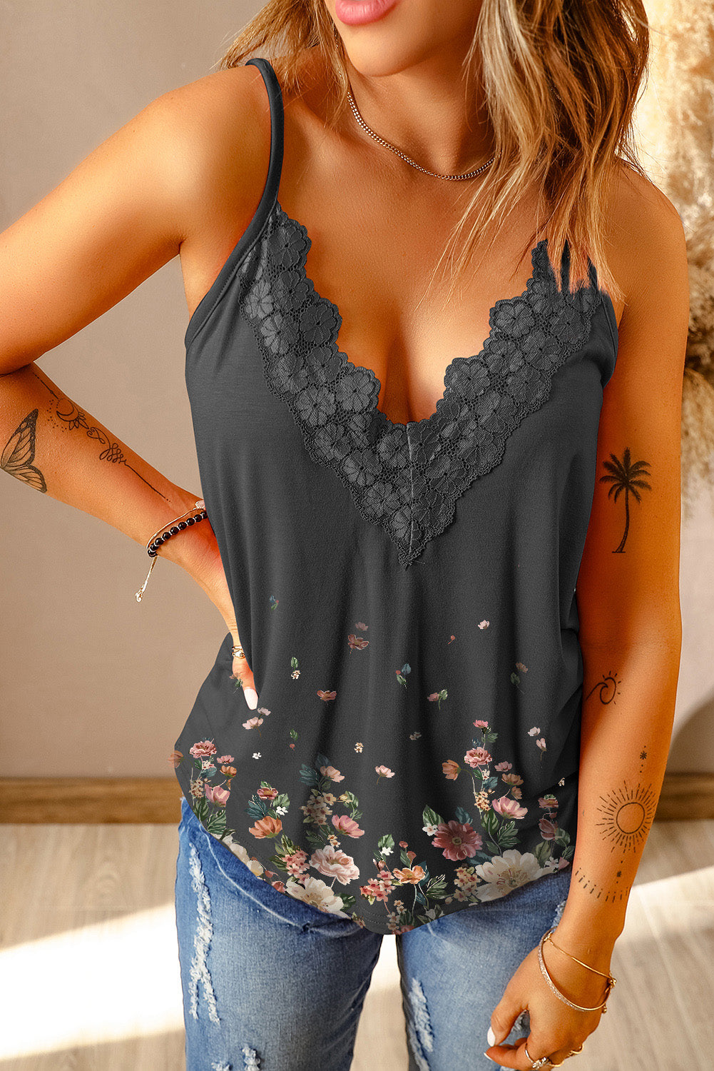 Floral Print Lace Crochet Splicing V Neck Cami Top
