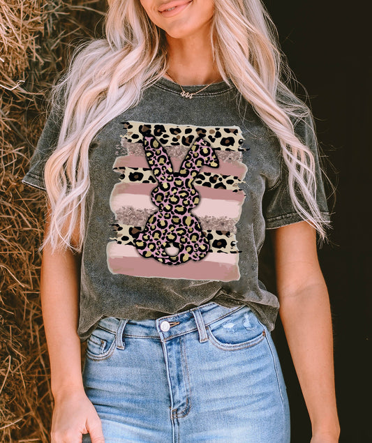 Easter Rabbit Leopard Mineral Wash Graphic T Shirt