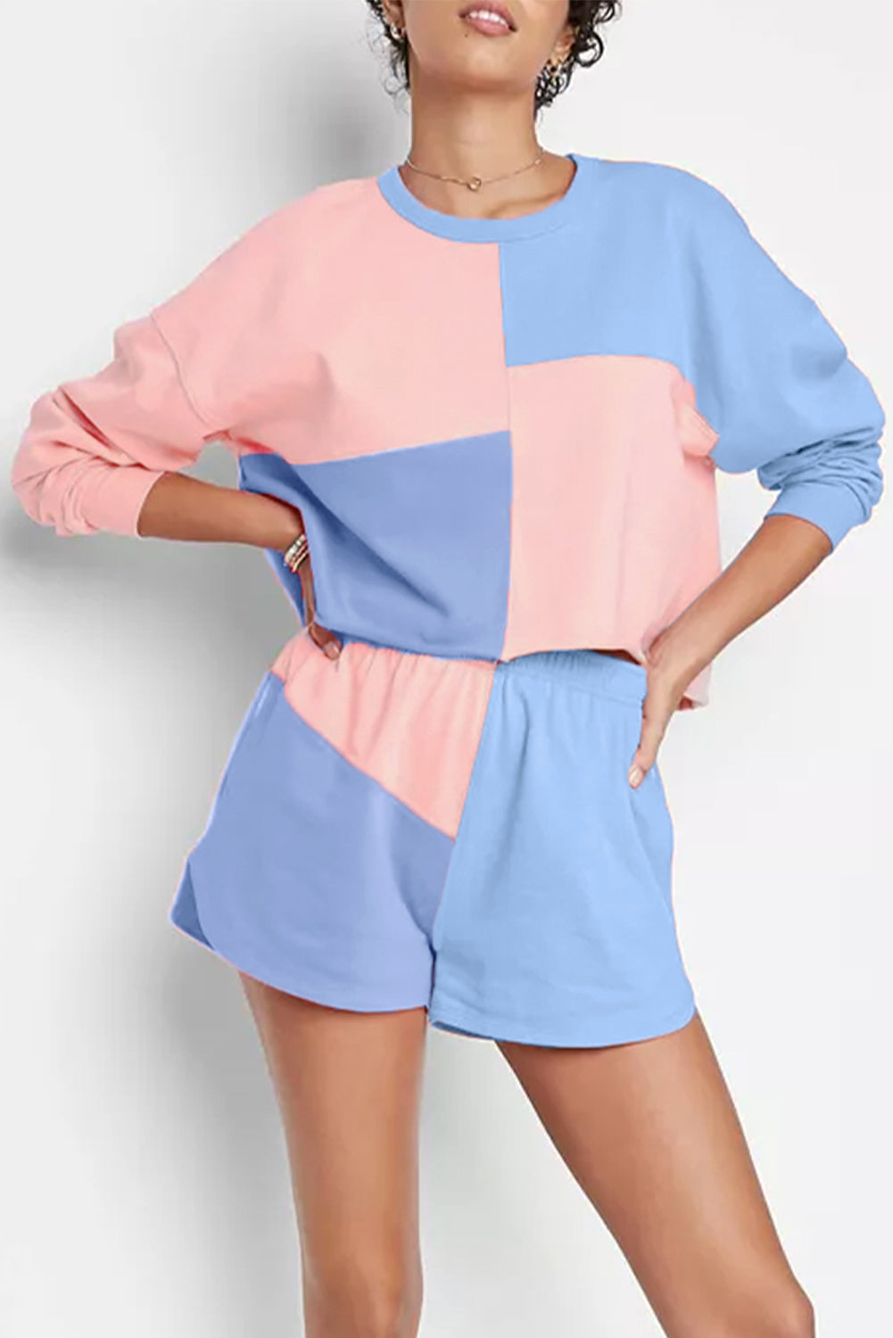 Colorblock Patchwork Long Sleeve Shorts Outfit