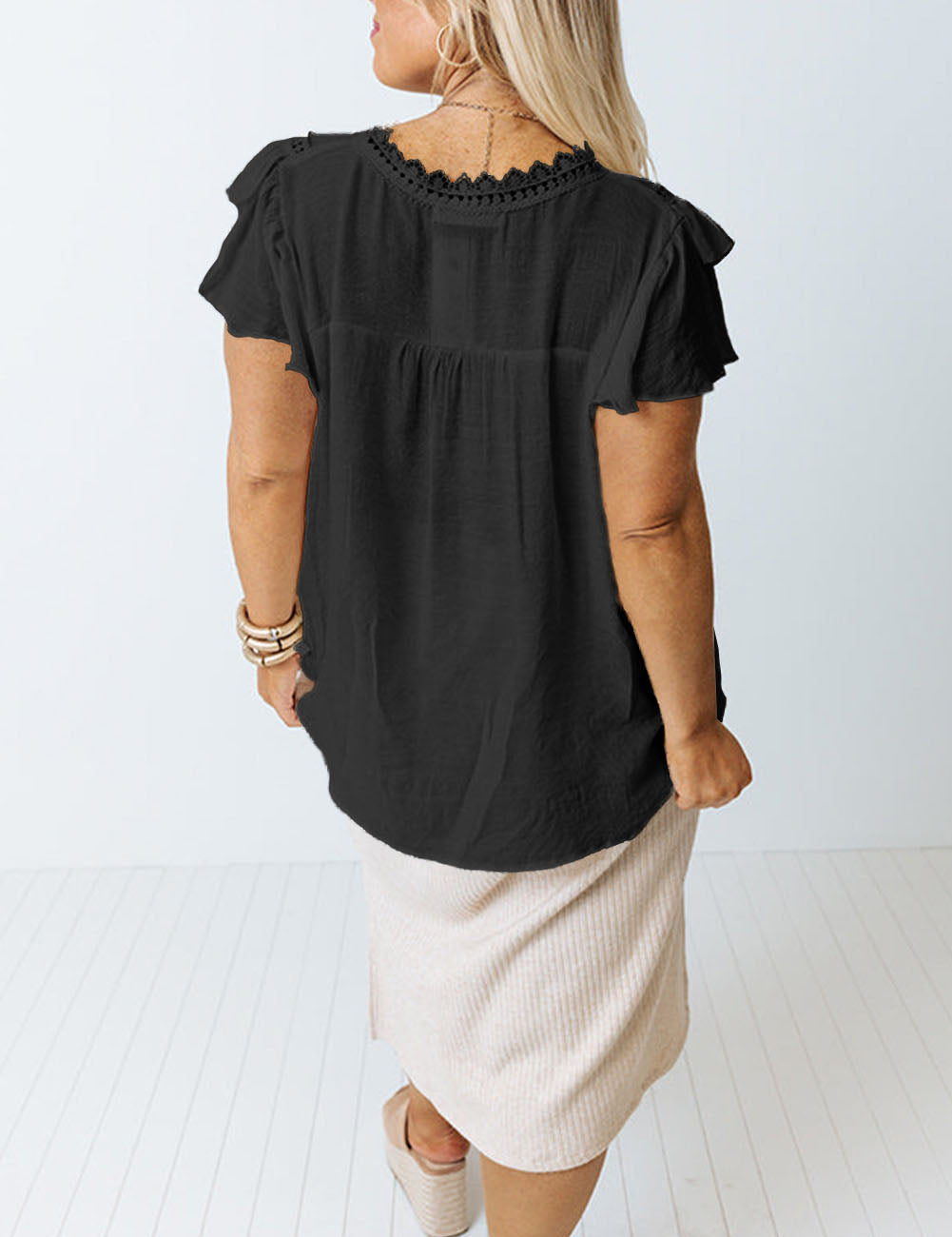 Crochet Split V Neck Ruffle Sleeve Plus Size Blouse