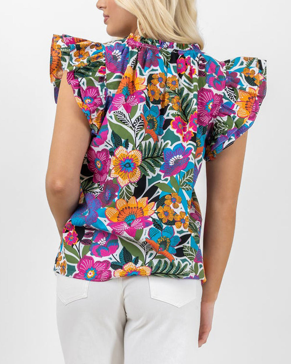 Ruffled Flutter Sleeve Floral Print Blouse