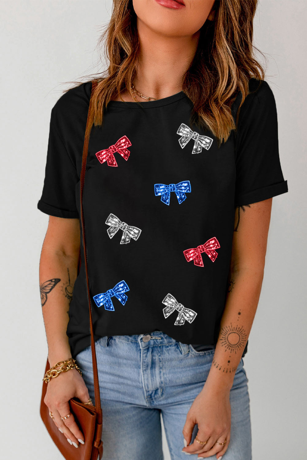 Independent Day Sequin Bow Graphic T Shirt