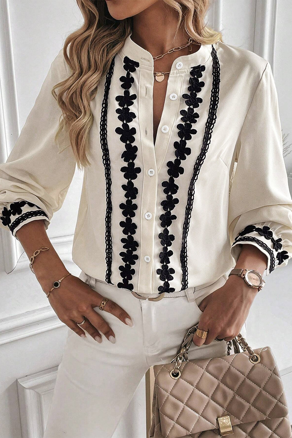 Floral Embroidered Stand Neck Buttoned Shirt